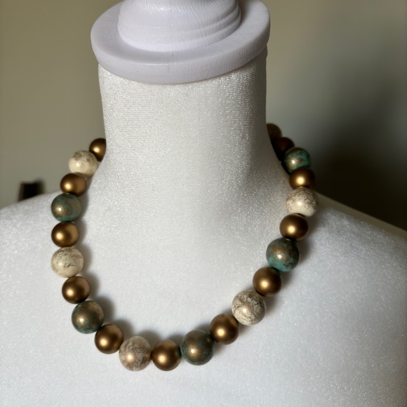 Chunky Wooden Bead Necklace with Gold and Turquoise Accents - Picture 8 of 8